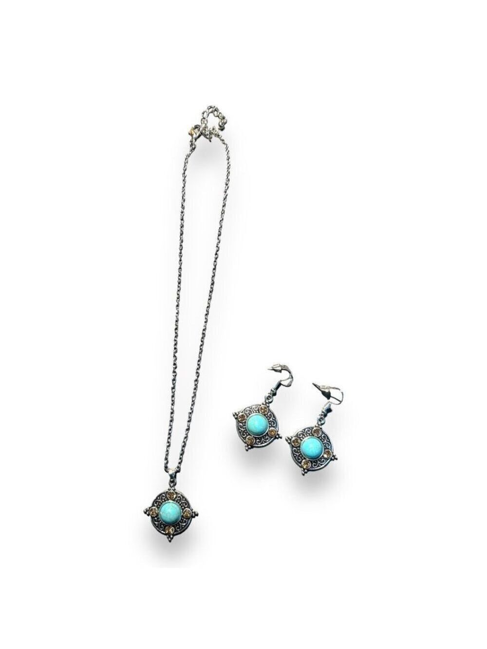 Vintage Look Silver Patterned Rhinestone and Turquoise Necklace and Earrings
